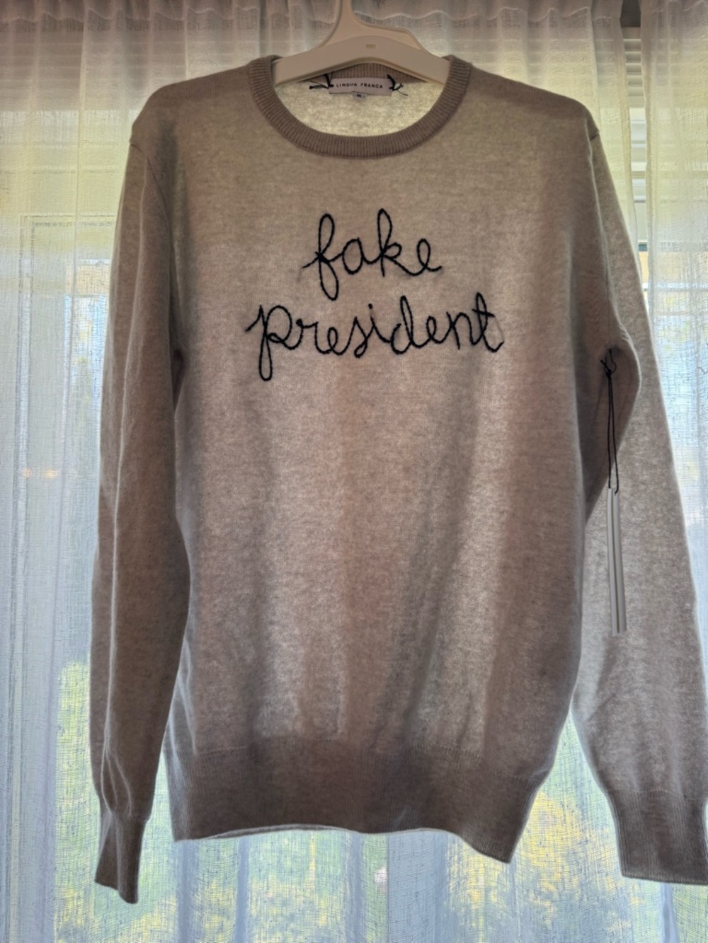 Lindsey Ivory Gray 'fake president' Embroidered Crewneck Sweater - Picture 5 of 6